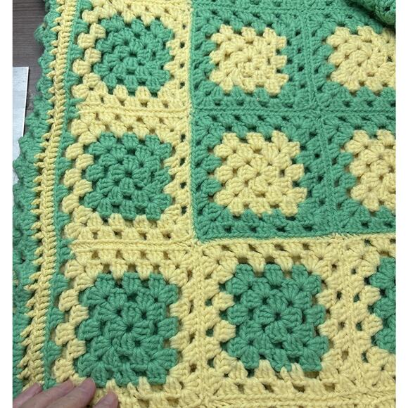 Handmade Other - Handmade Crochet Granny Squares Throw Blanket Green And Yellow Afghan 82”x47”